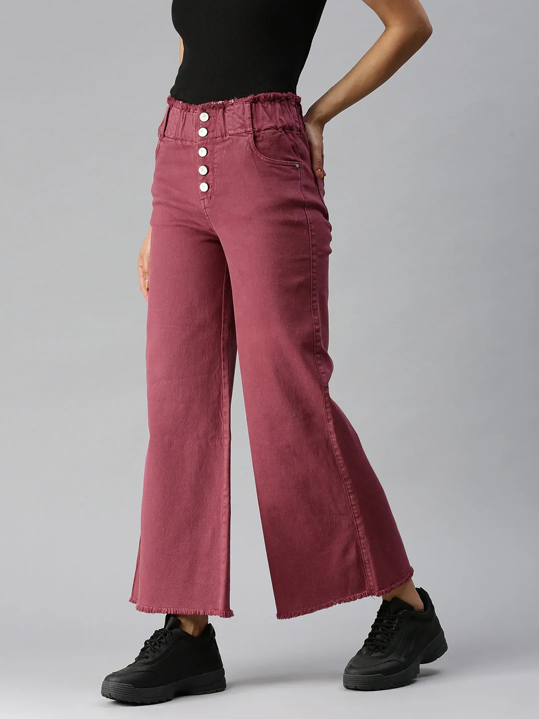 Women's Mauve Solid Denim Wide Leg Jeans