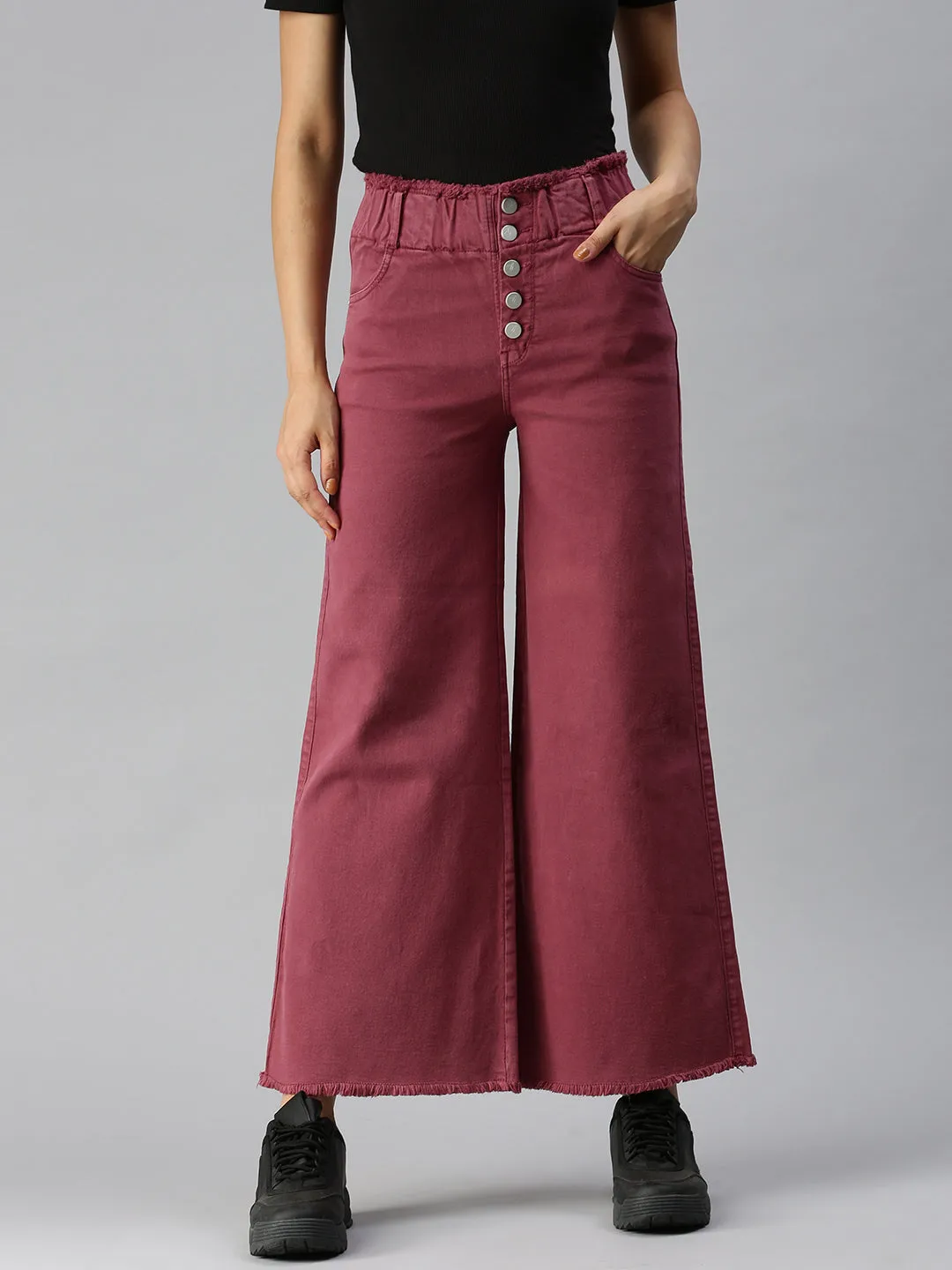 Women's Mauve Solid Denim Wide Leg Jeans