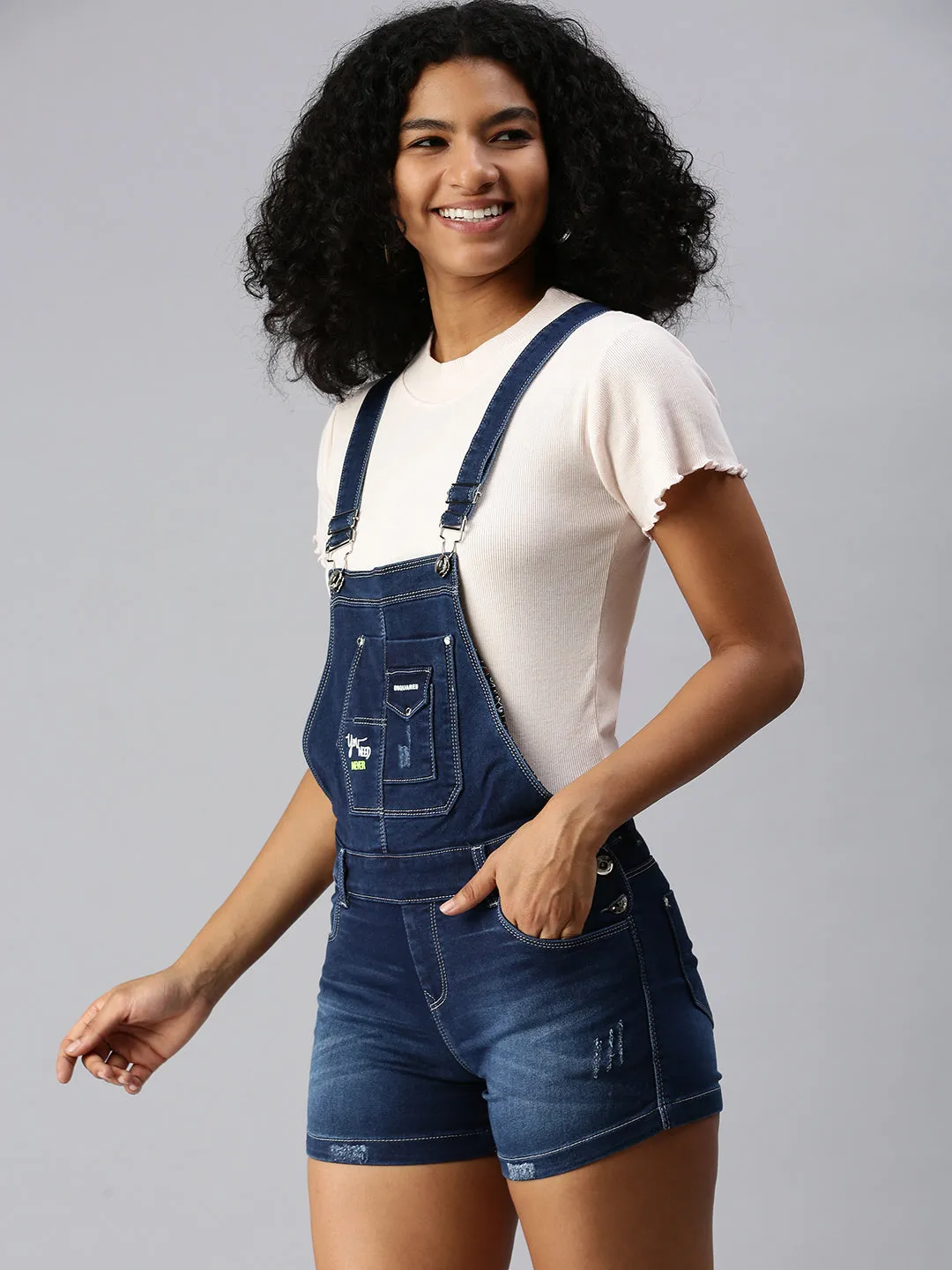 Women's Navy Blue Solid Dungarees