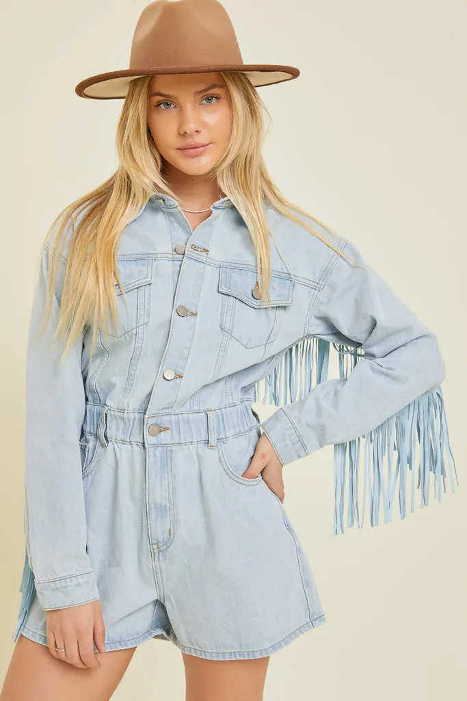 Wyoming Western Fringe Romper - Denim